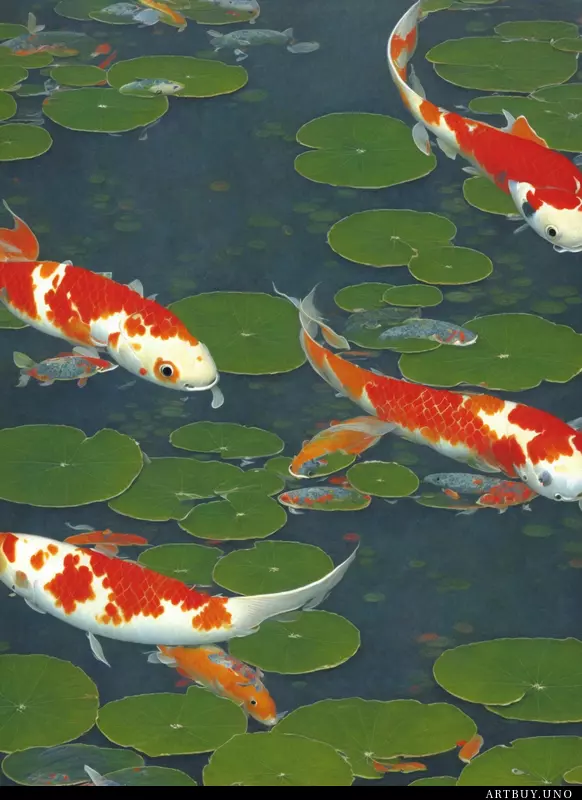 Three koi fish swimming in a pond with lily pads