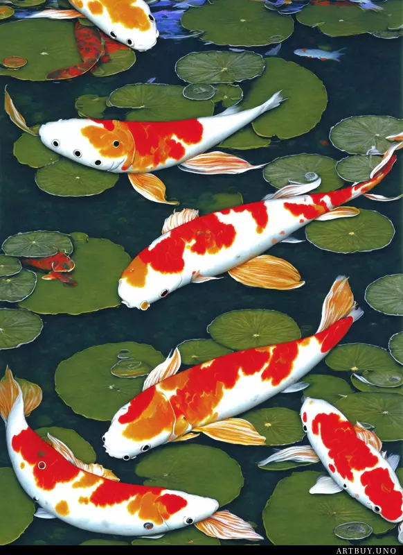 Three koi fish swimming in a pond with lily pads