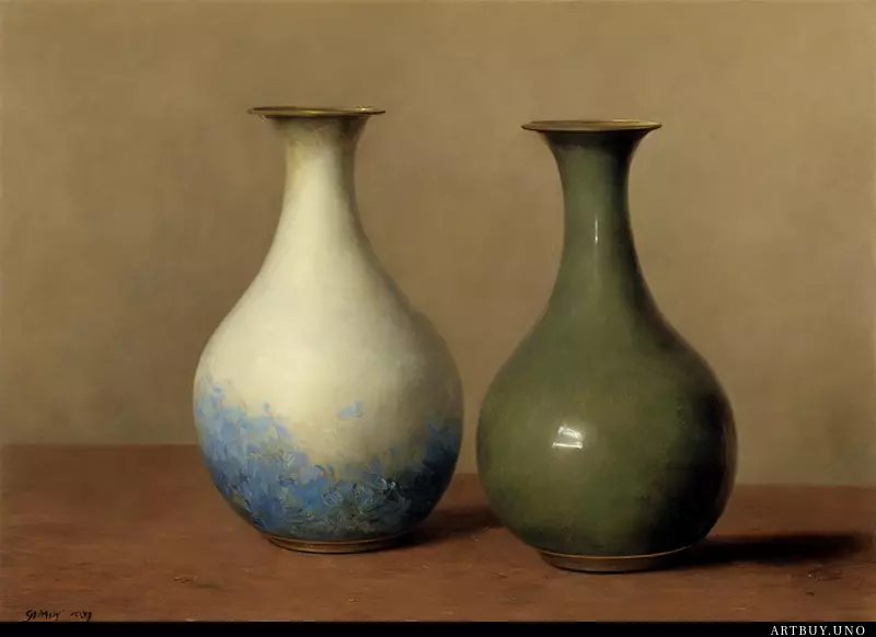 Two vases sitting on a wooden table next to each other