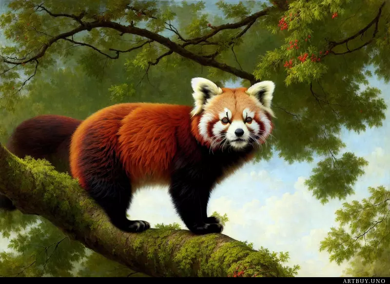 A beautiful red panda on a green tree