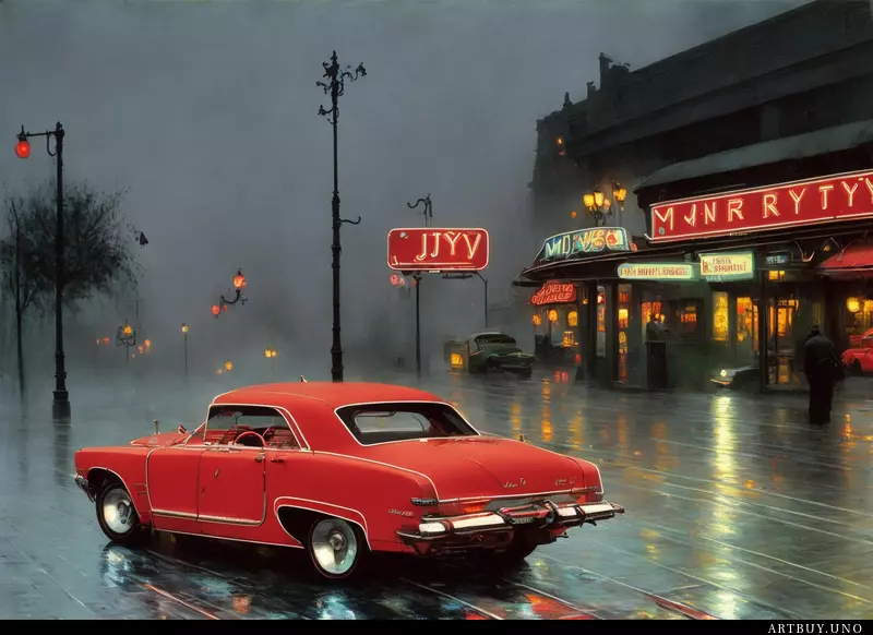 A neon diner sign and a retro car late at night. fog