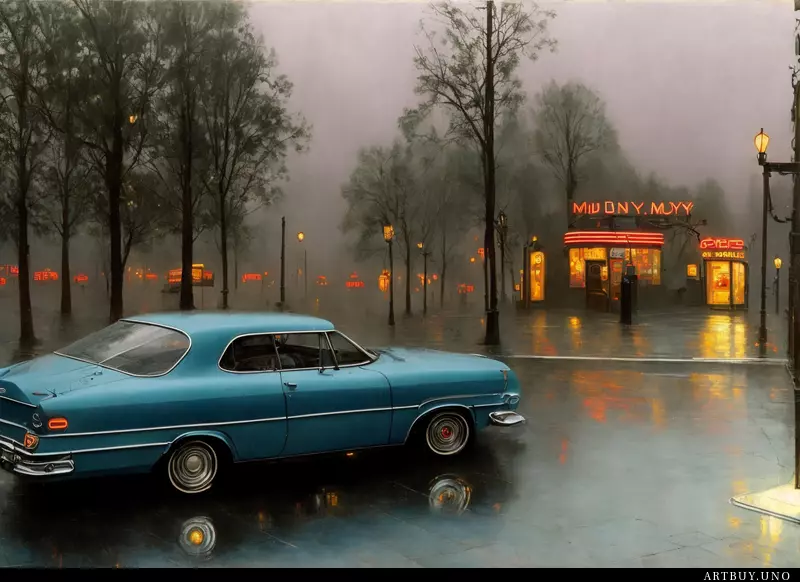 A neon diner sign and a retro car late at night. fog