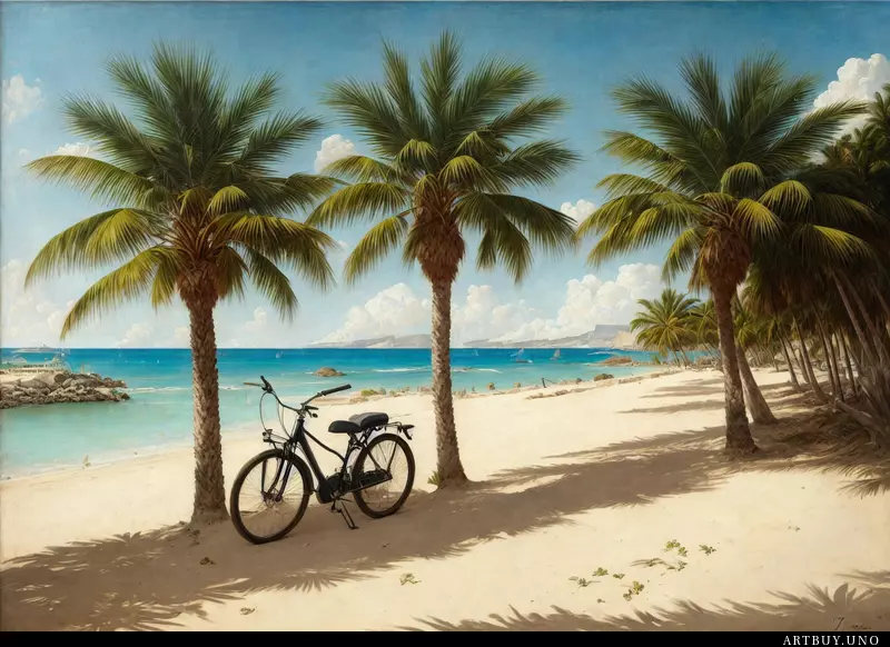 A bike parked next to a palm tree on a beach
