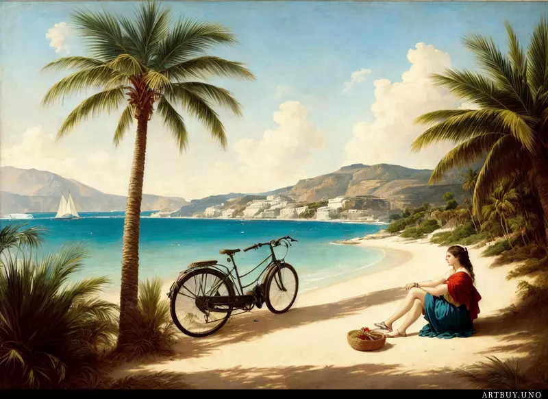 A bike parked next to a palm tree on a beach