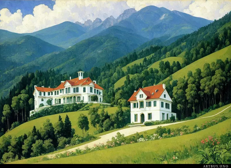 A large white house sitting on top of a lush green hillside