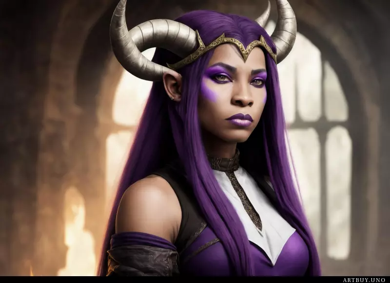 Portrait of an african female tiefling rogue with long straight purple hair horns