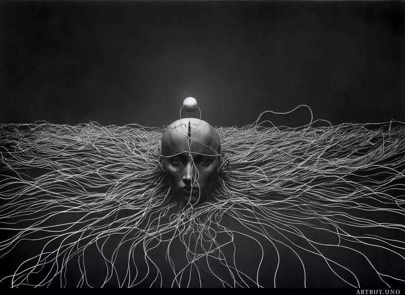 A centered render of an alien bio - organic creature adorned with cables and synthesizer parts is surrounded
