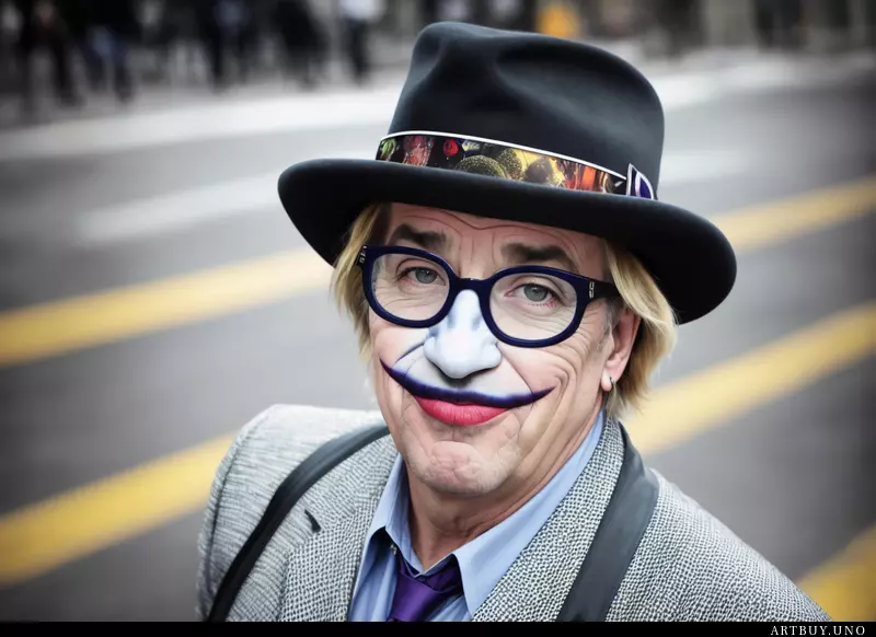 Bruce campell wearing the jokers make - up and is posing on time - square paintinggraphy