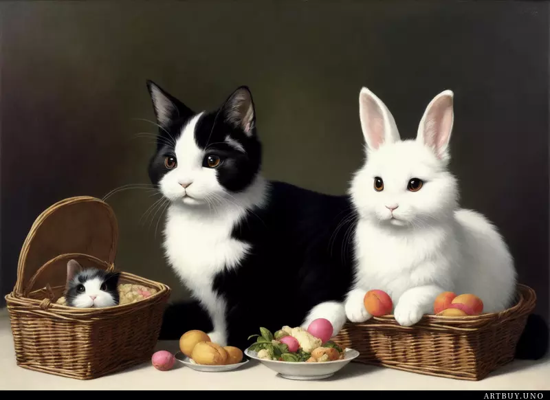 Siyah kürklü bir kedi (tavşan) ile piknik yapan pembe kürklü (tavşan)
