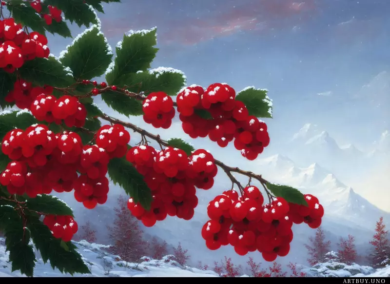 Close up on red rowan berries in snowy nature