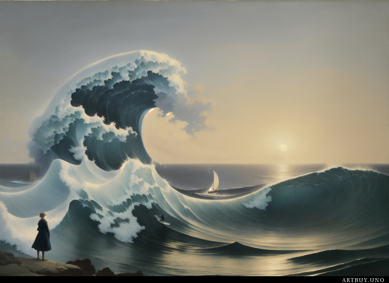 Una gran ola en el océano con una chica de pie sobre una tabla de surf